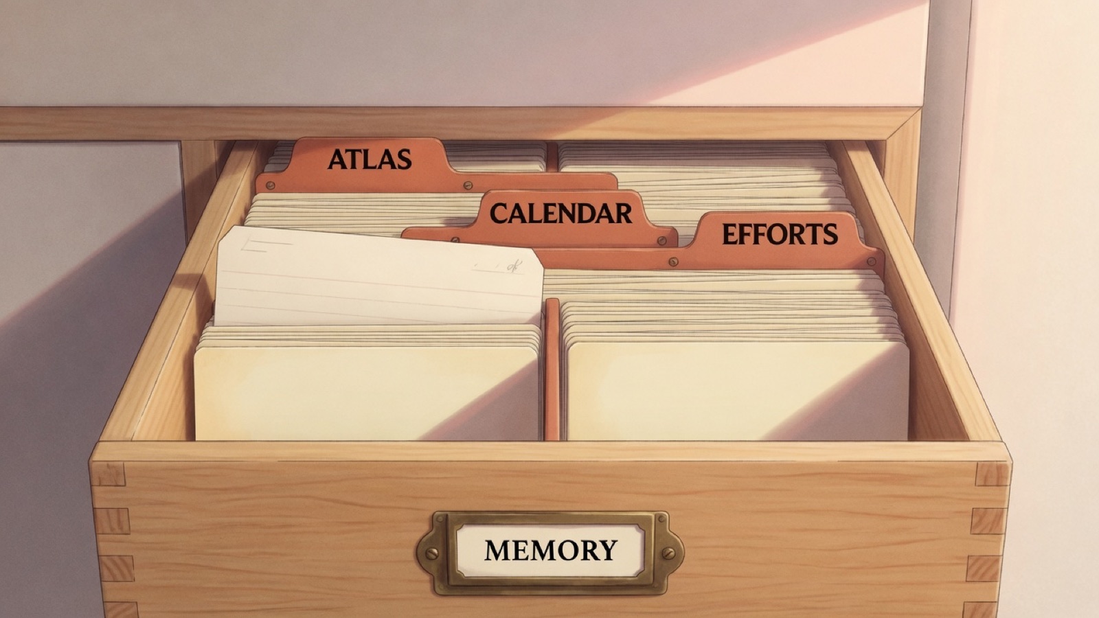 An open card-index drawer, a brass label on its front reading Memory and three raised dividers behind lettered Atlas, Calendar and Efforts, one card pulled up in front of Atlas.