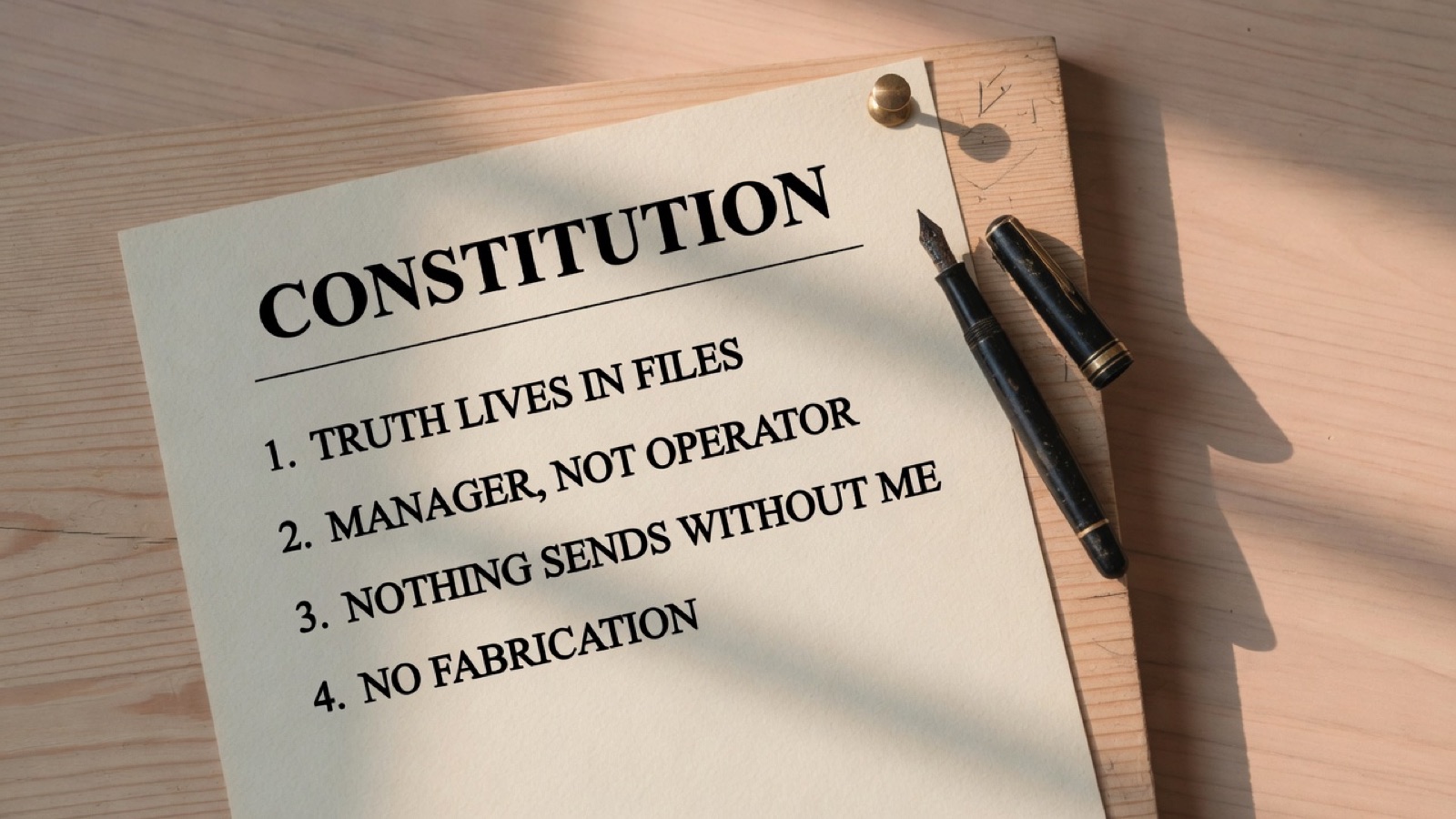A sheet of cream paper pinned to a board with a brass tack, headed Constitution above four numbered rules — truth lives in files; manager, not operator; nothing sends without me; no fabrication — a fountain pen beside it.