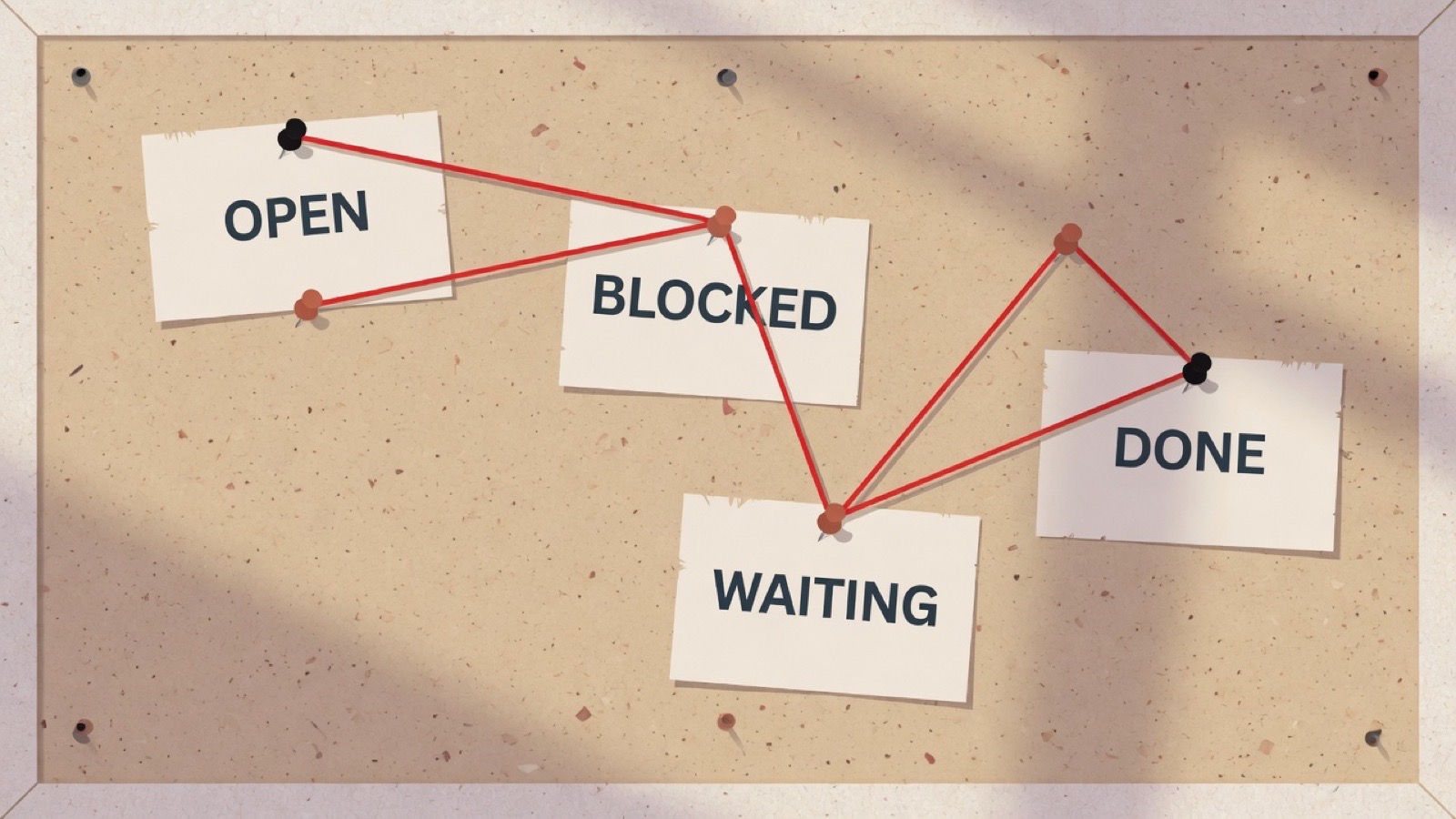 Index cards pinned to a cork board and joined by taut red string, lettered open, blocked, waiting, done.