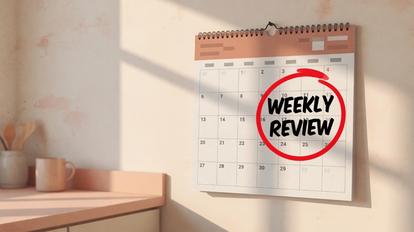 A wall calendar in a sunlit kitchen with one week ringed in red pen and Weekly review written inside the ring.