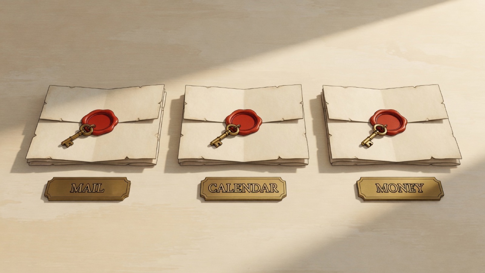 Three charters folded and sealed with red wax on a sunlit desk, a small brass key resting on each, with engraved brass nameplates in front reading mail, calendar and money.