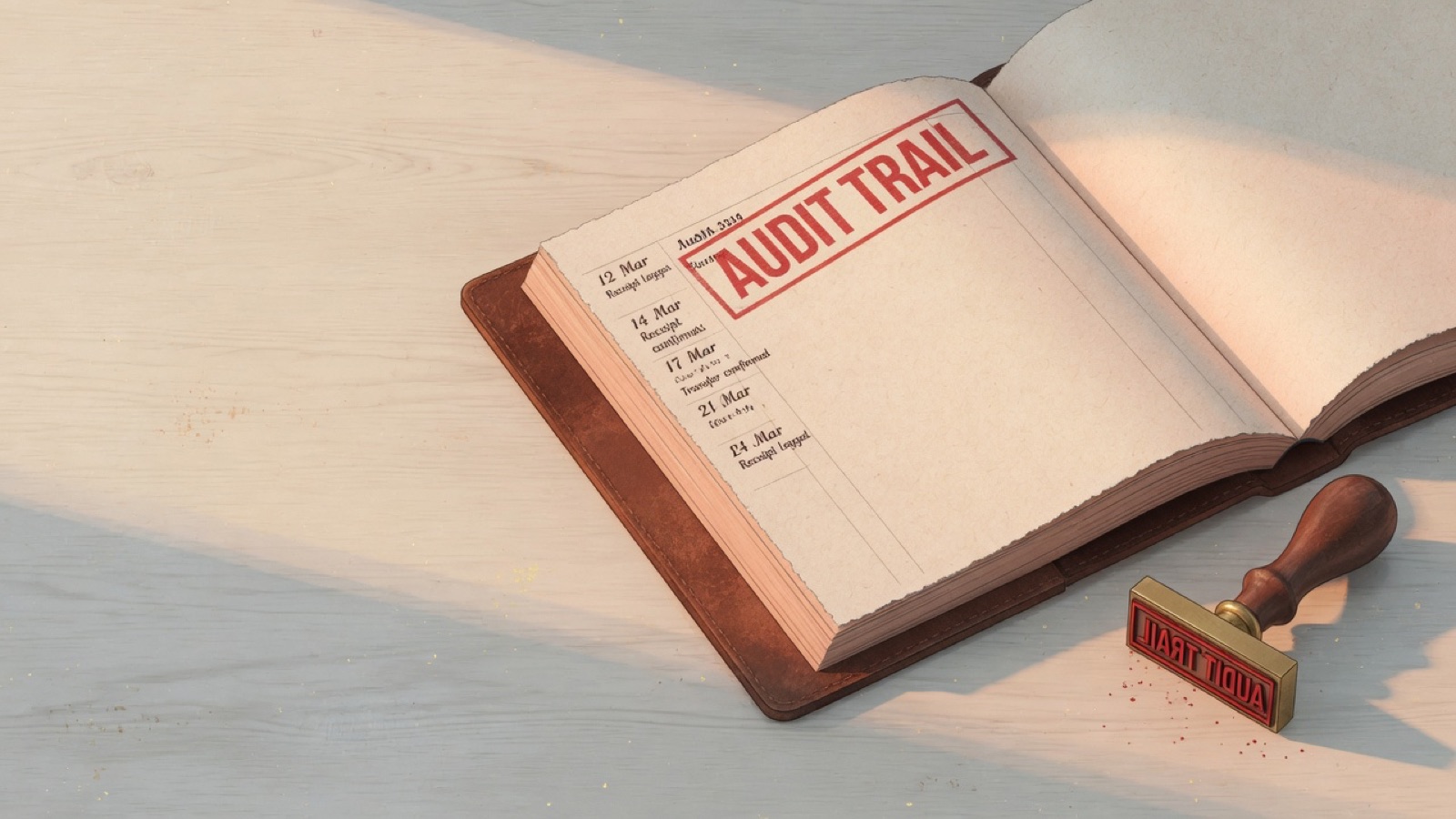 An open ledger of short dated entries on a wooden desk, the top entry stamped in red ink, a brass stamp resting beside the book.